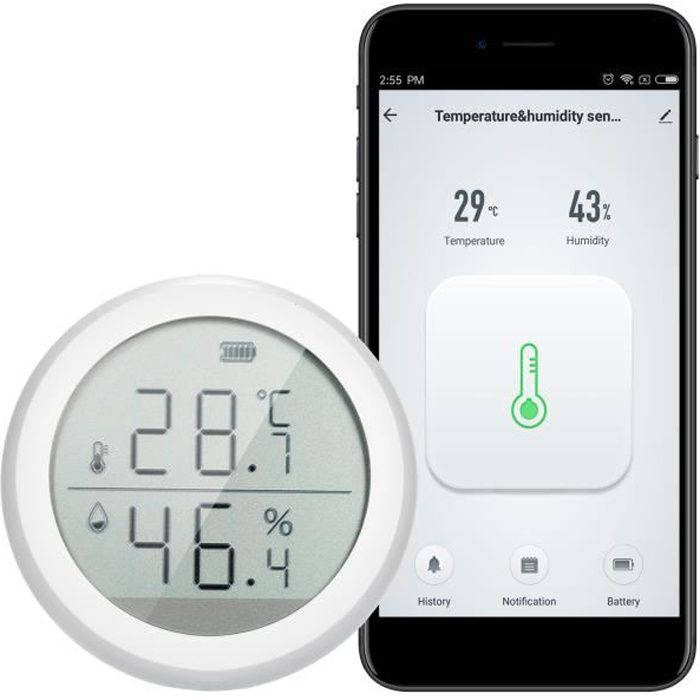Thermomètre hygromètre Smart WiFi + capteur température et d'humidité  Bluetooth avec rétroéclairage pour intérieur/extérieur, contrôle APP  Tuya（blanc）